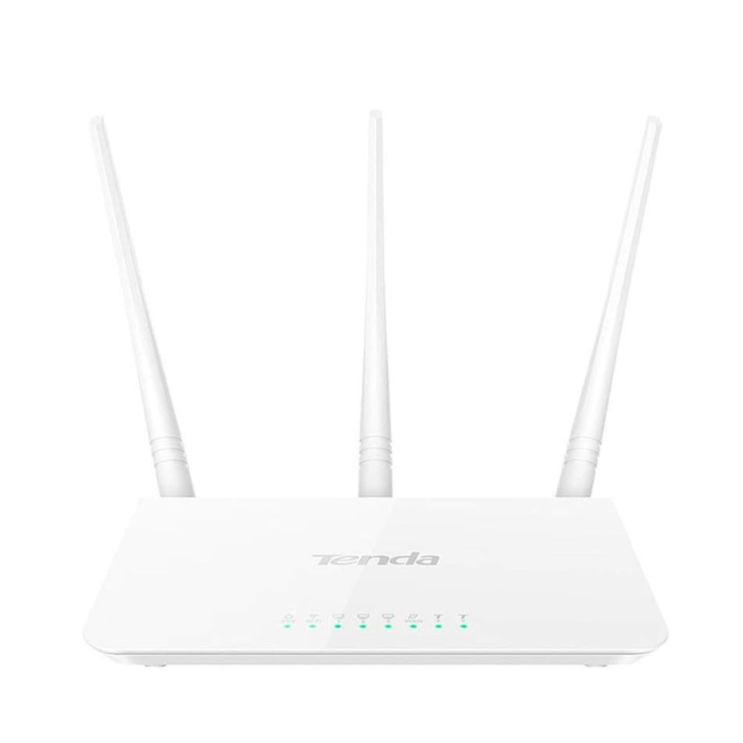 Tenda white router with antennas on a white background