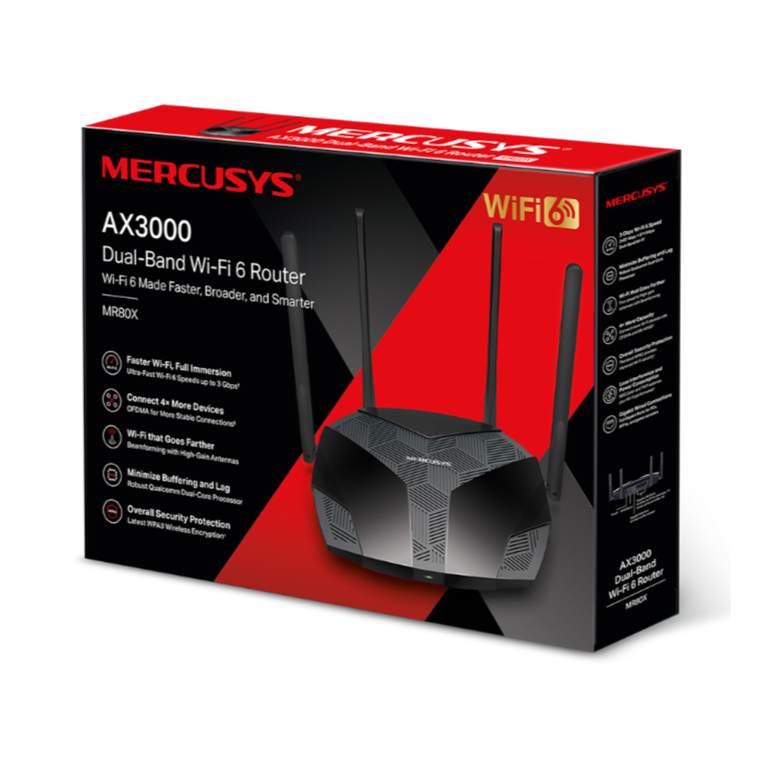 Mercusys AX3000 router packaging with red and black design