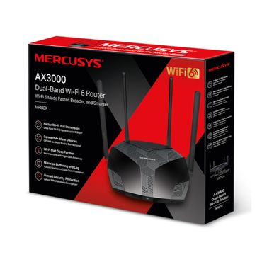 Mercusys AX3000 router packaging with red and black design