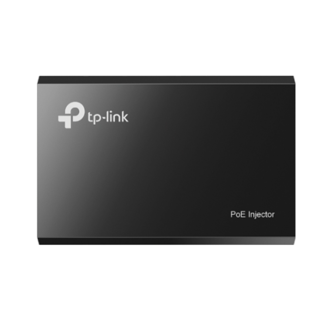 Black TP-Link PoE injector on a white background