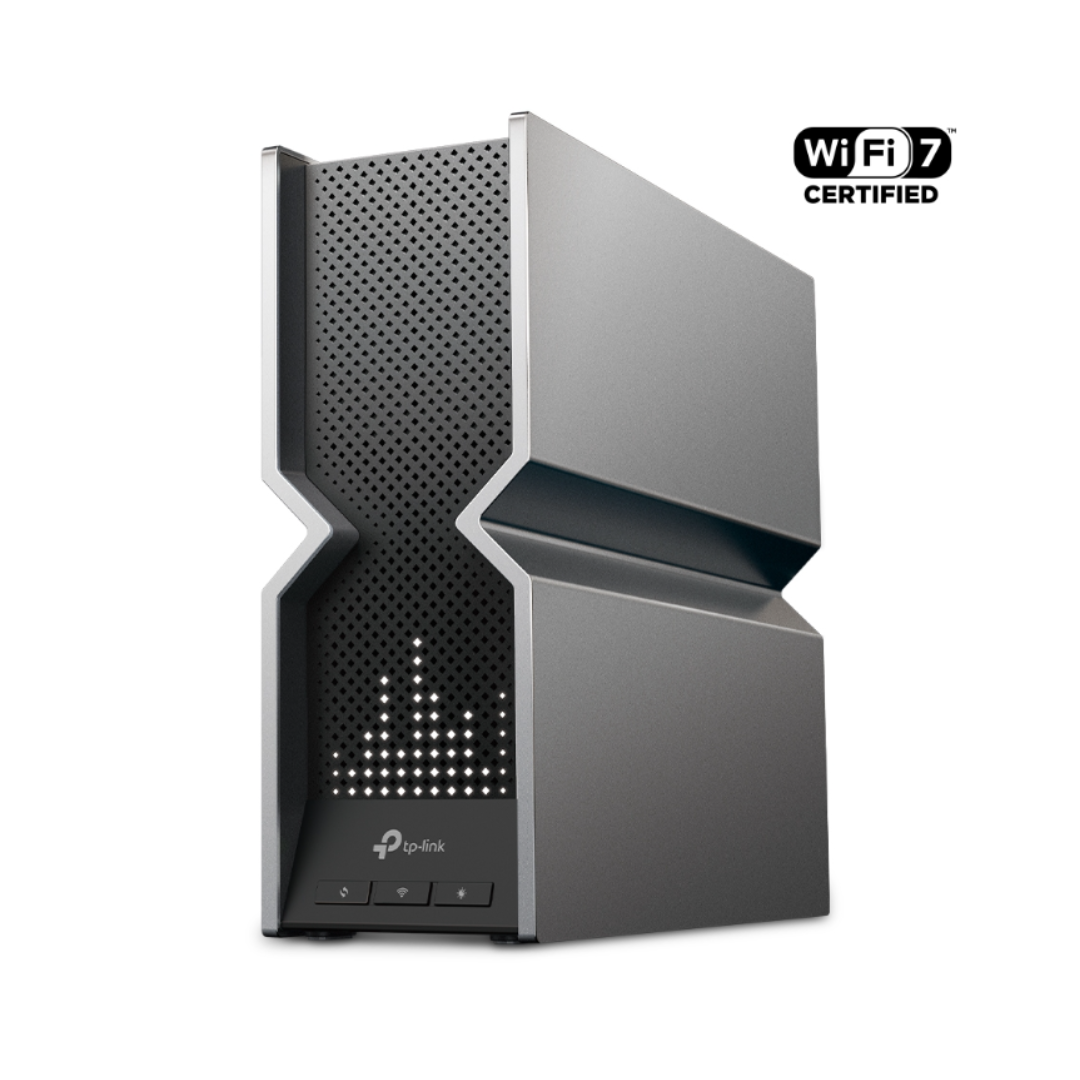 Wireless router with TP-Link logo and WiFi 7 certification badge on a white background