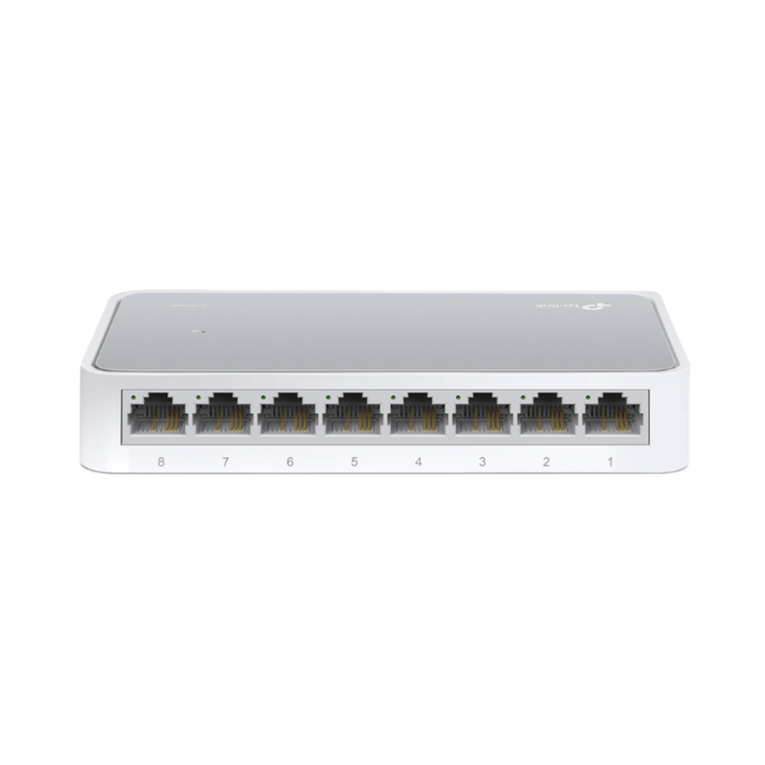 Network switch with eight ports on a white background