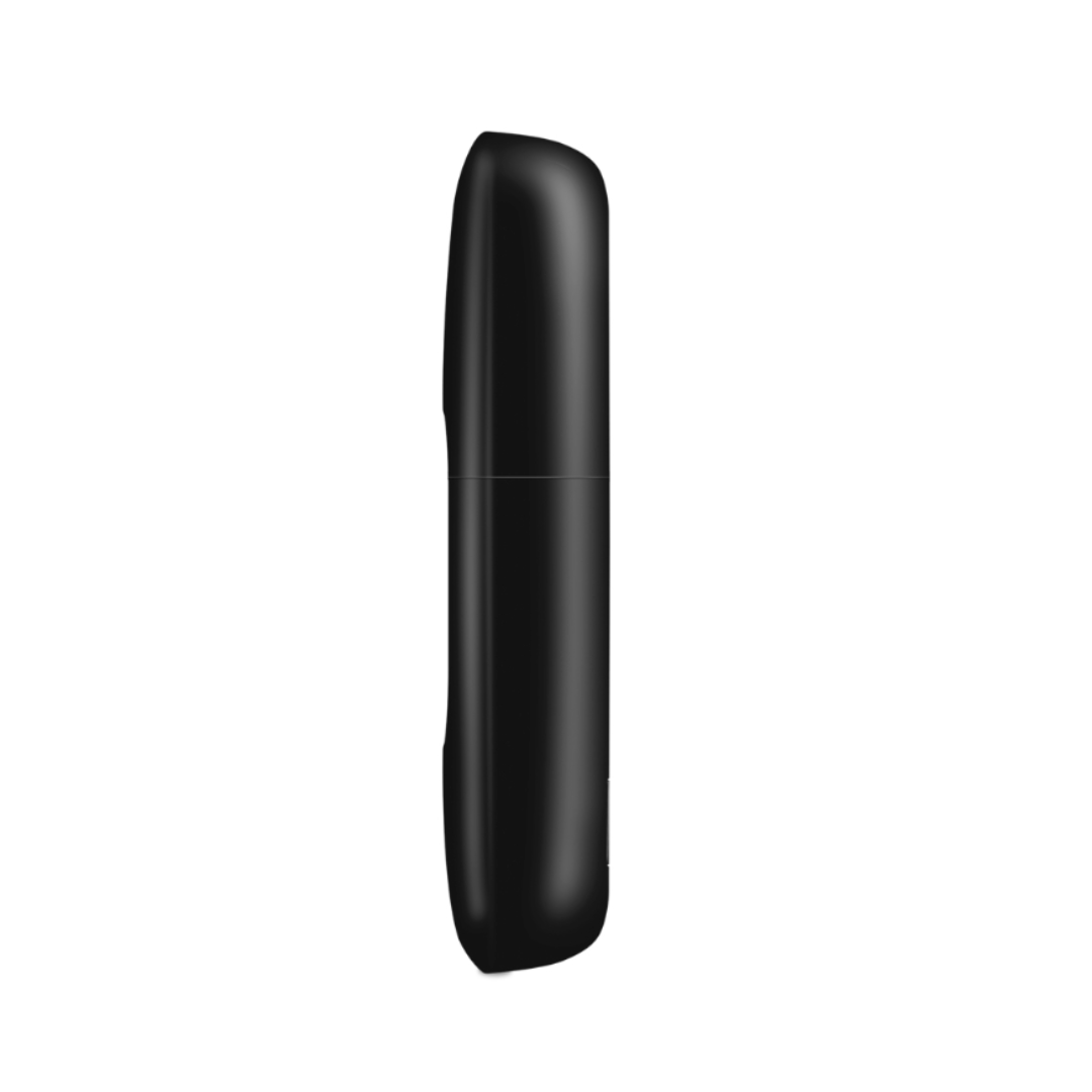 Black cylindrical object on a white background