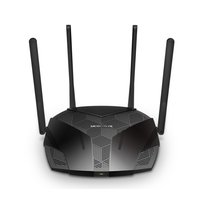 Black router with multiple antennas on a white background