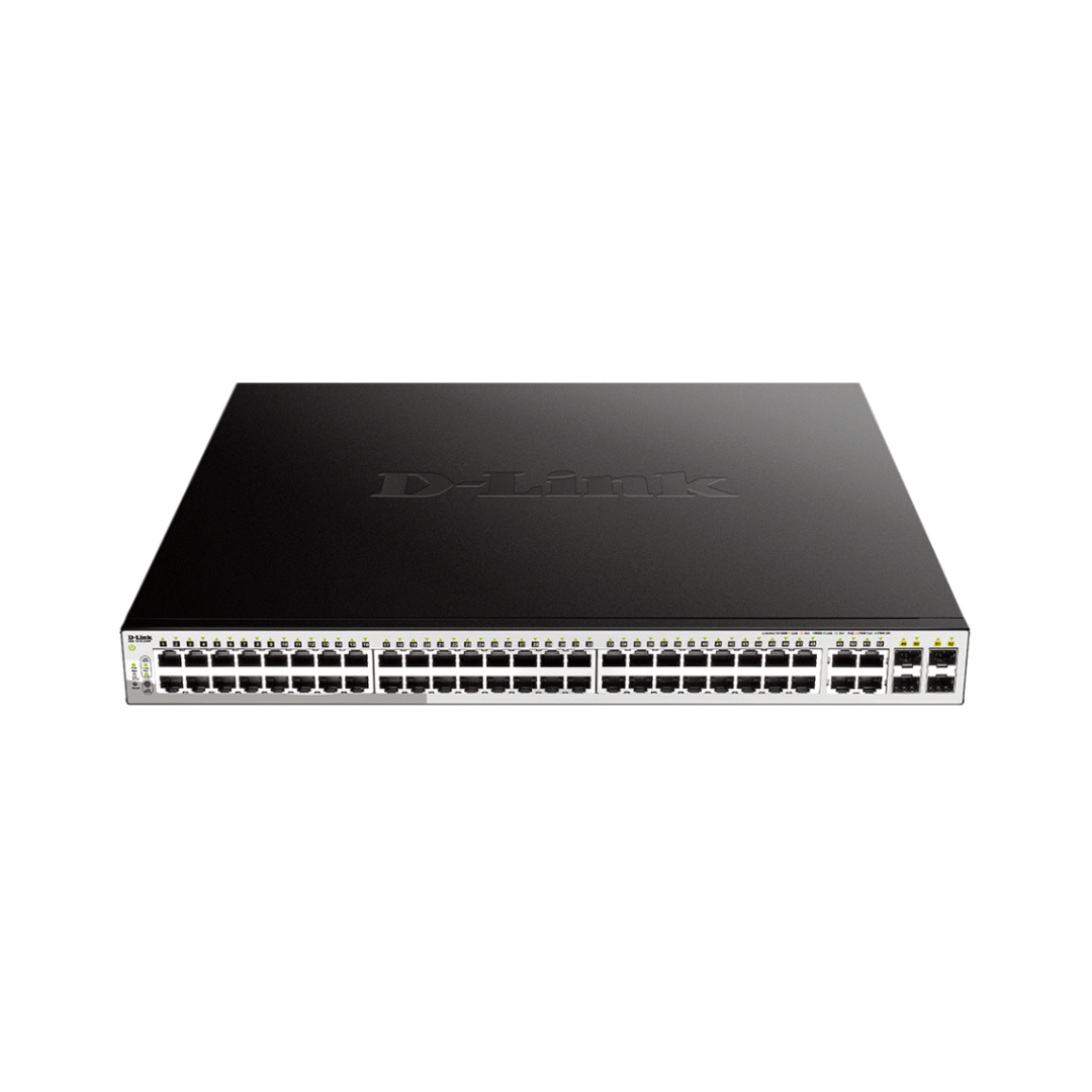 Black network switch with multiple ports on a white background