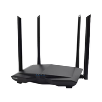 Black router with multiple antennas on a white background