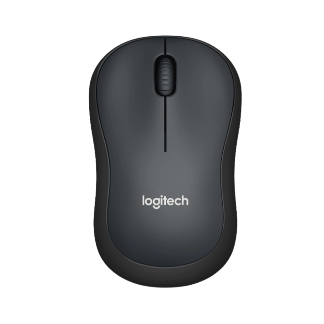 Black Logitech mouse on a white background
