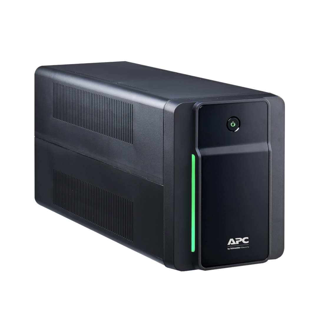 Black APC uninterruptible power supply on a white background