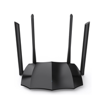 Black router with multiple antennas on a white background