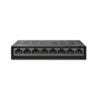 Black network switch with eight ports on a white background