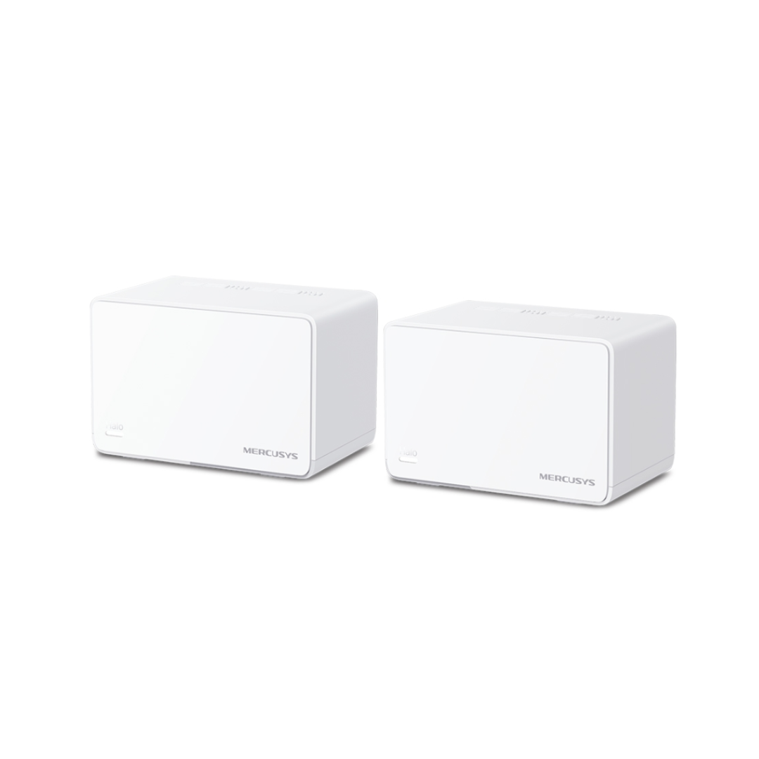 Two white electronic devices with 'Mercusys' branding on a white background