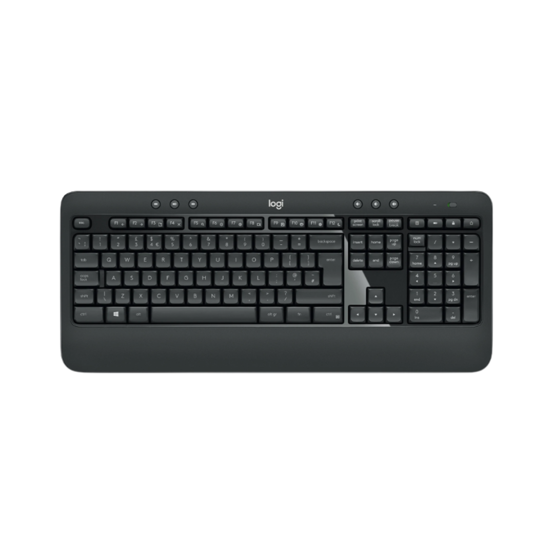 Black keyboard with Logitech logo on a white background