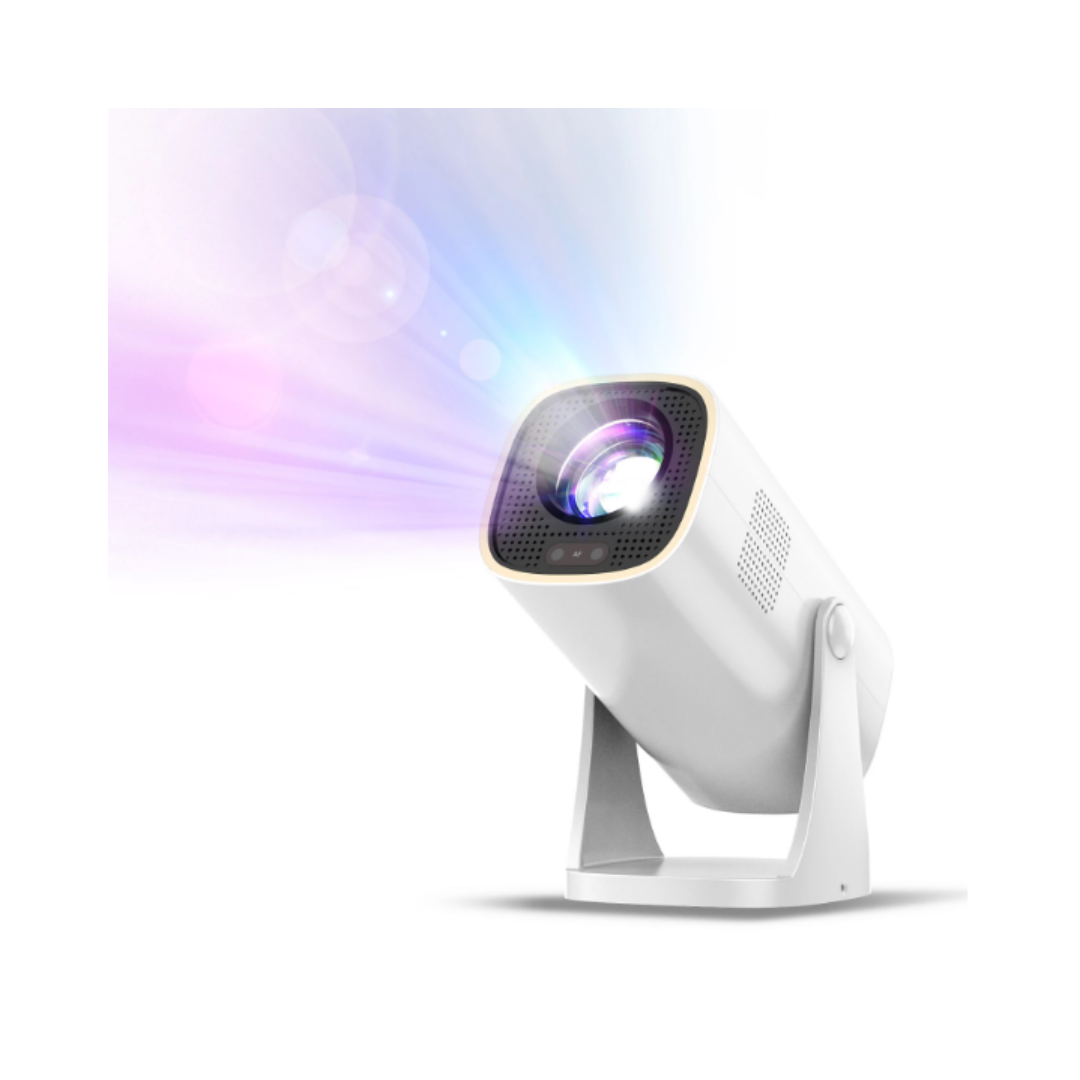 White projector emitting colorful light on a white background