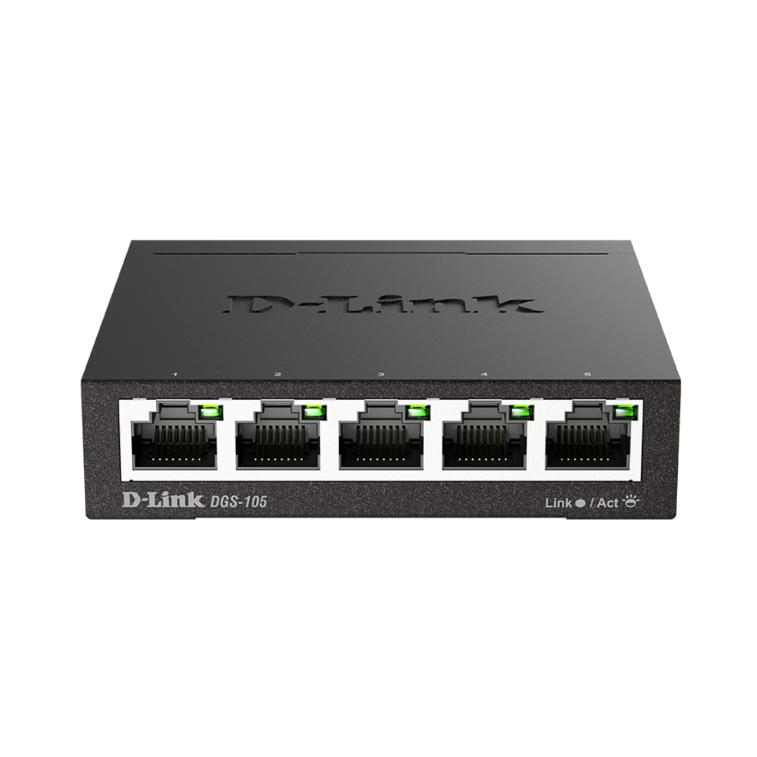 D-Link network switch with five Ethernet ports on a white background