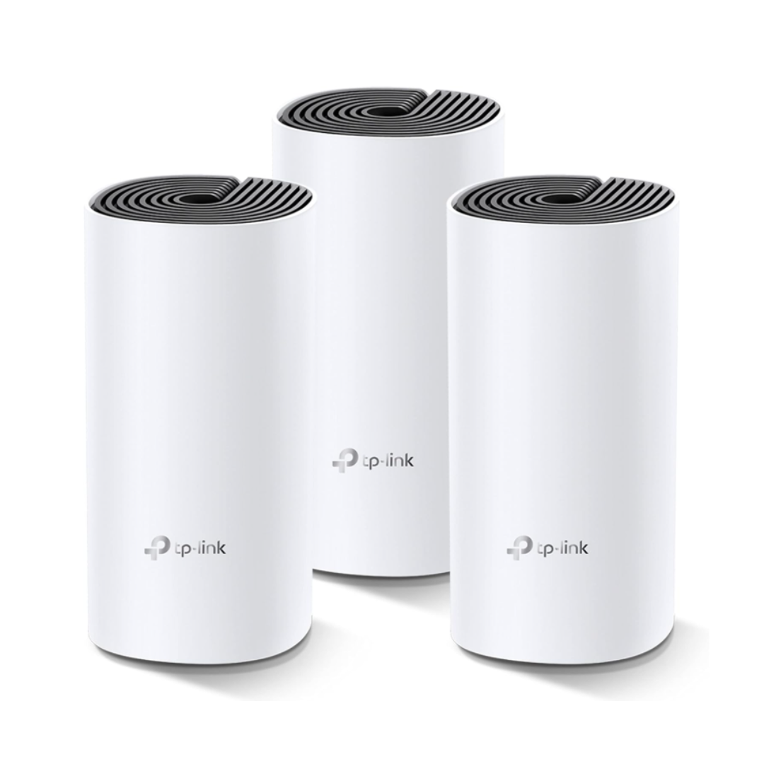 Three TP-Link wireless routers on a white background