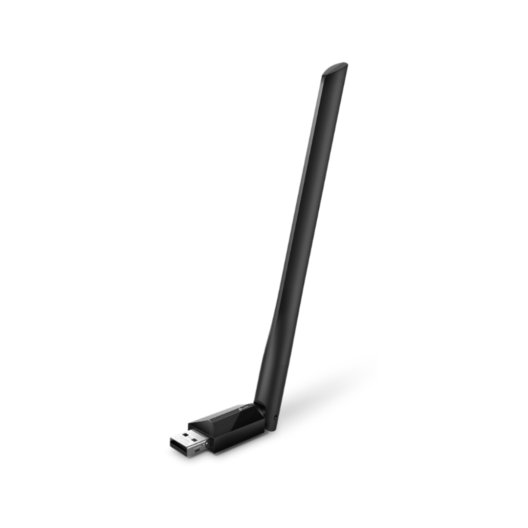 Black USB WiFi adapter with antenna on a white background