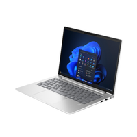 Silver laptop with a blue abstract design on the screen against a white background