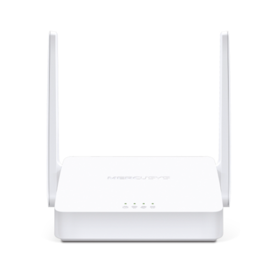 White wireless router with antennas on a white background