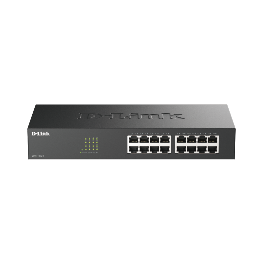 D-Link network switch with 16 ports on a white background