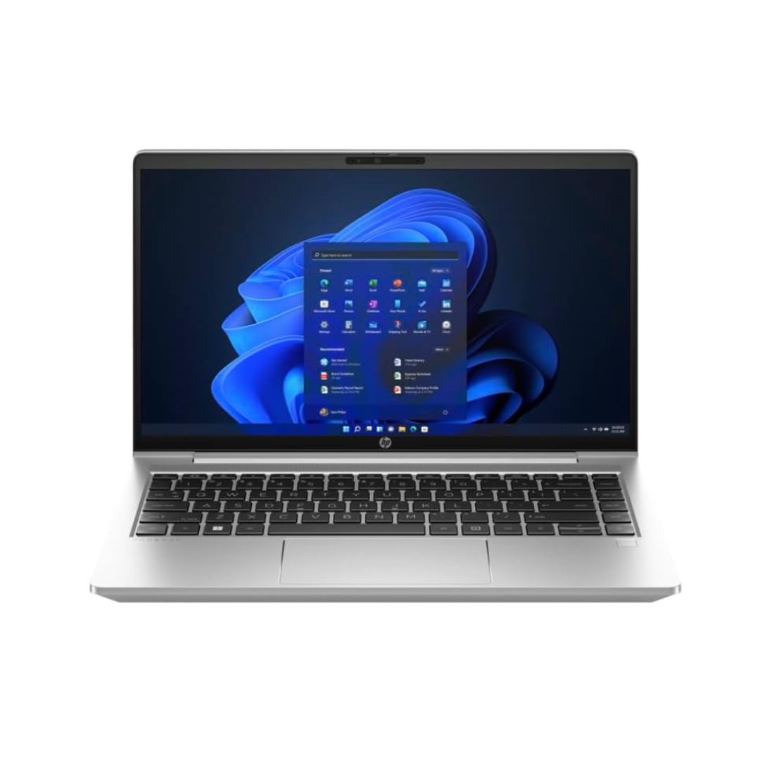 Laptop with a blue abstract design on the screen against a white background