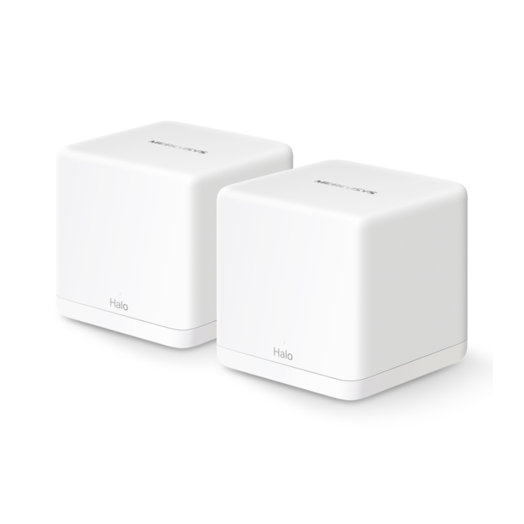 Two white cubes with 'Halo' branding on a white background