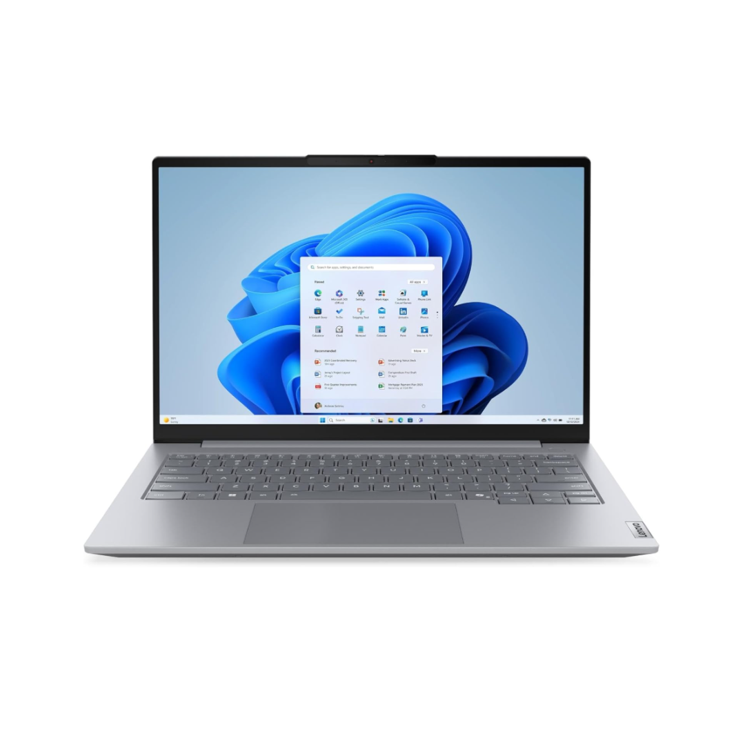 Laptop with a blue flower design on the screen on a white background