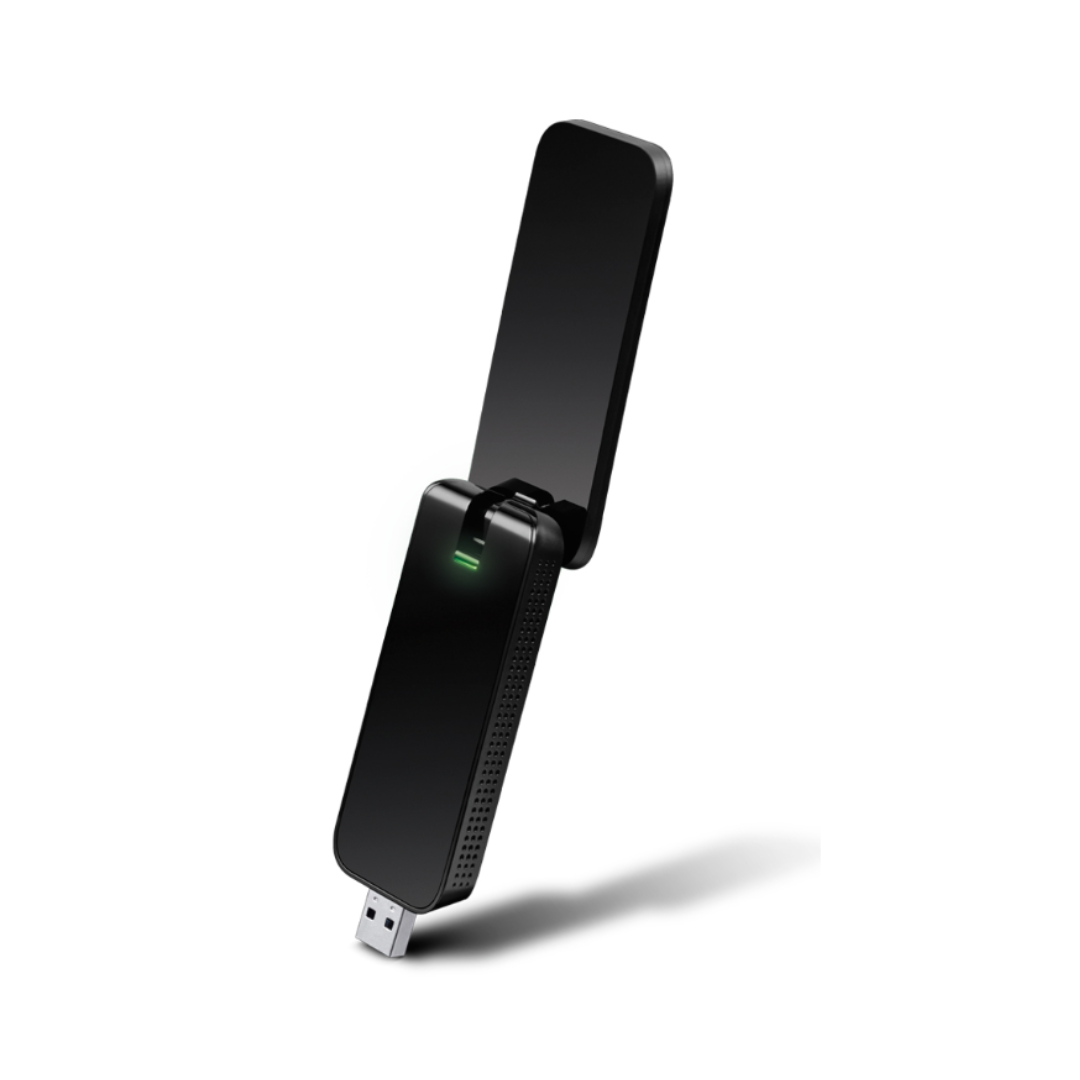 Black USB network adapter on a white background