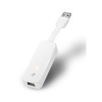 White USB adapter with Ethernet cable on a white background
