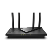 Black router with multiple antennas on a white background
