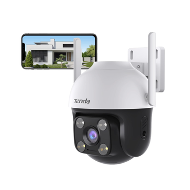 Tenda security camera with smartphone display showing a house view on a white background