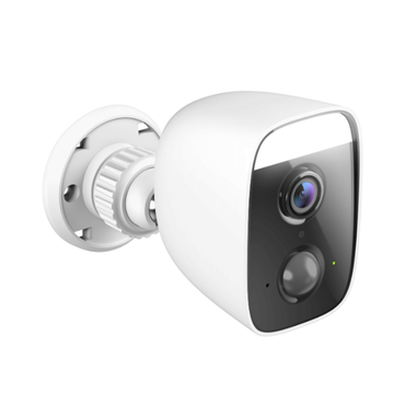 White security camera with a black lens on a white background