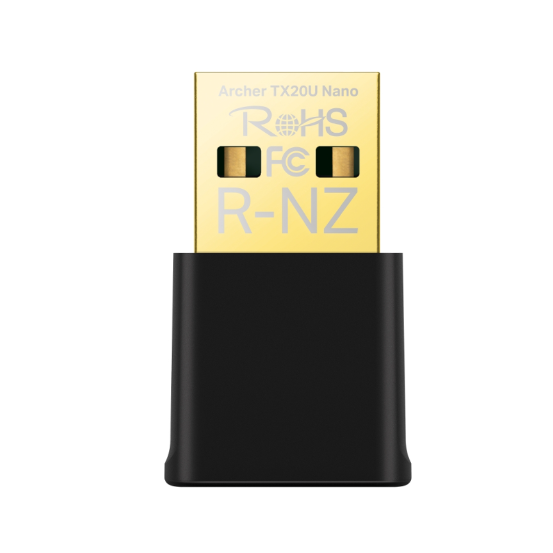 Black USB adapter with gold label on a white background