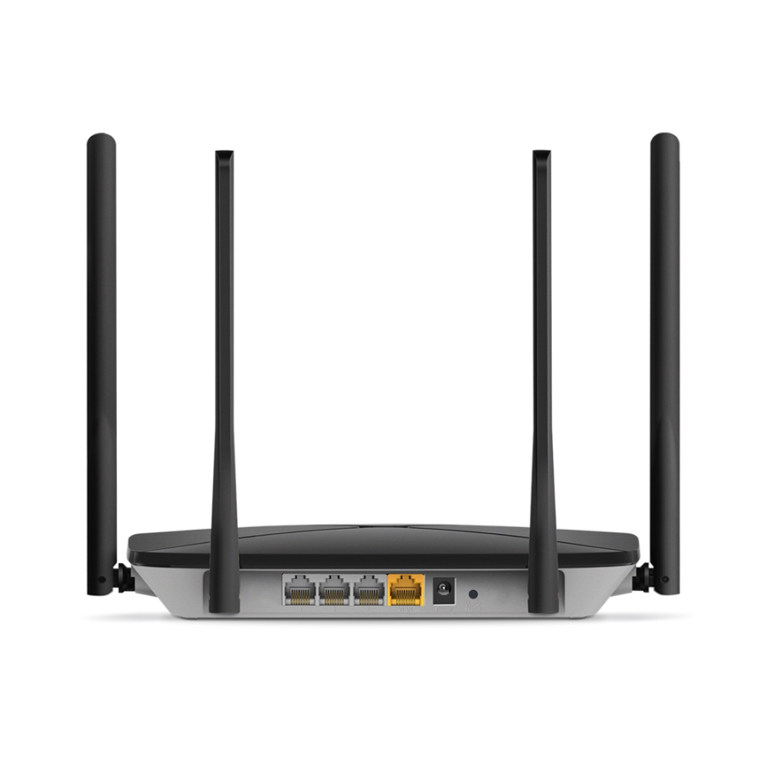 Wireless router with four antennas on a white background