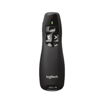 Black Logitech wireless presenter on a white background