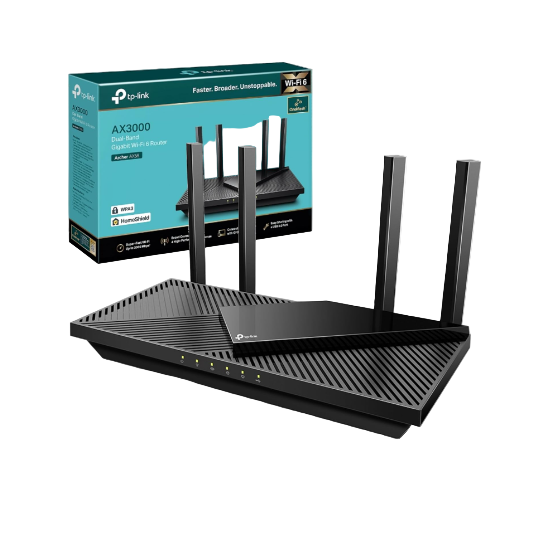 Black router with TP-Link branding and packaging in the background