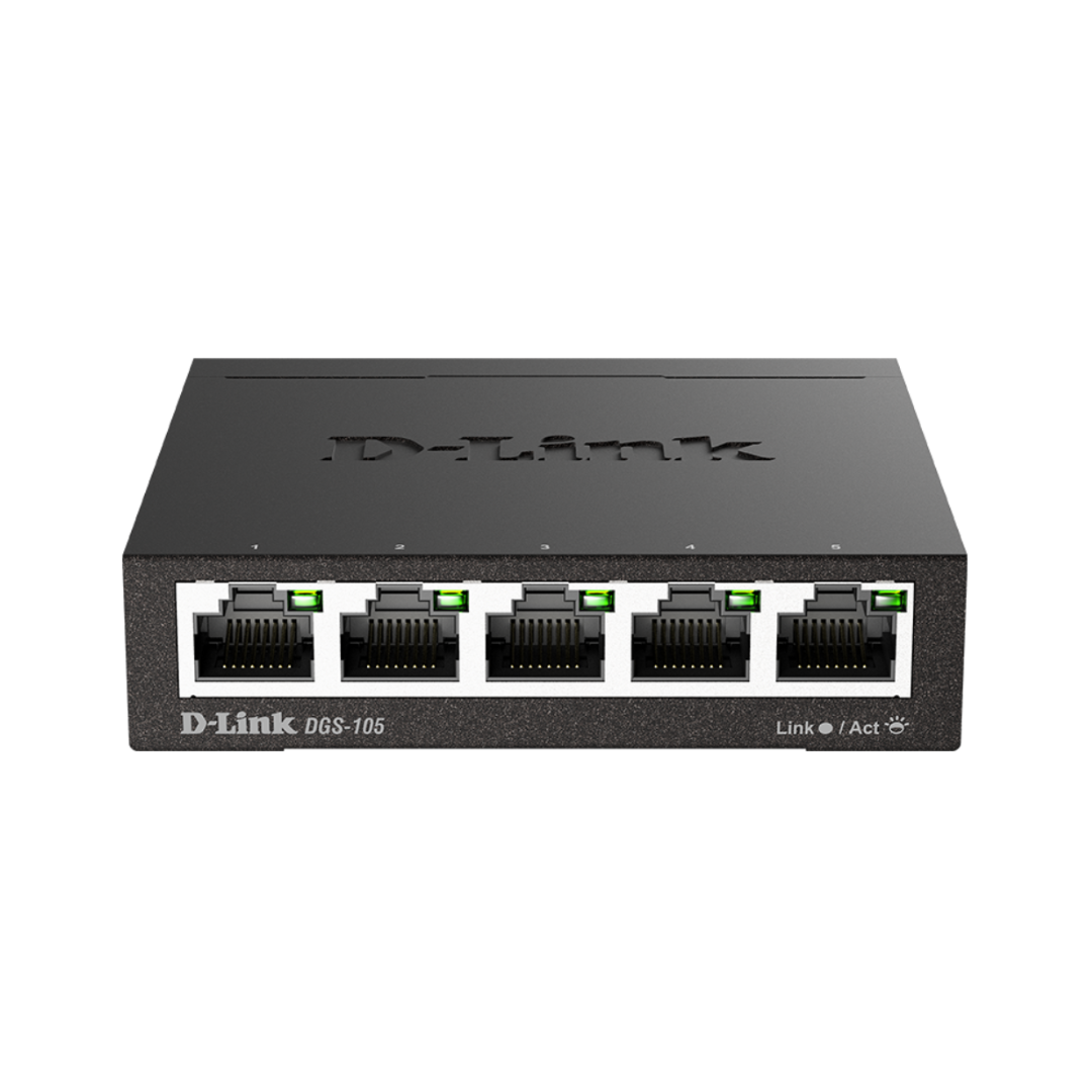 D-Link network switch with five Ethernet ports on a white background