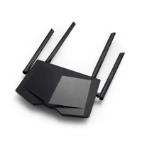 Black router with multiple antennas on a white background