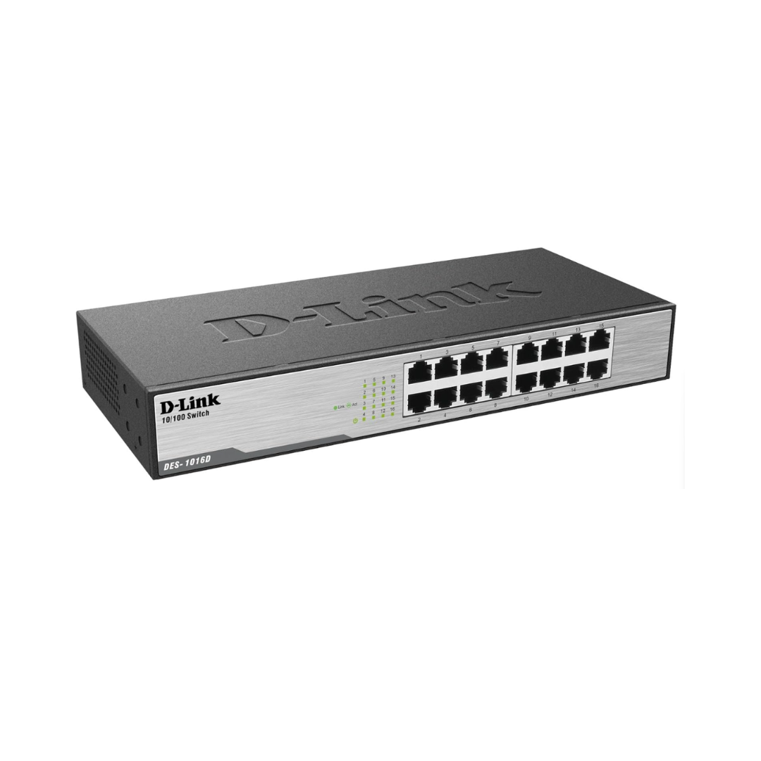 D-Link network switch with 16 ports on a white background