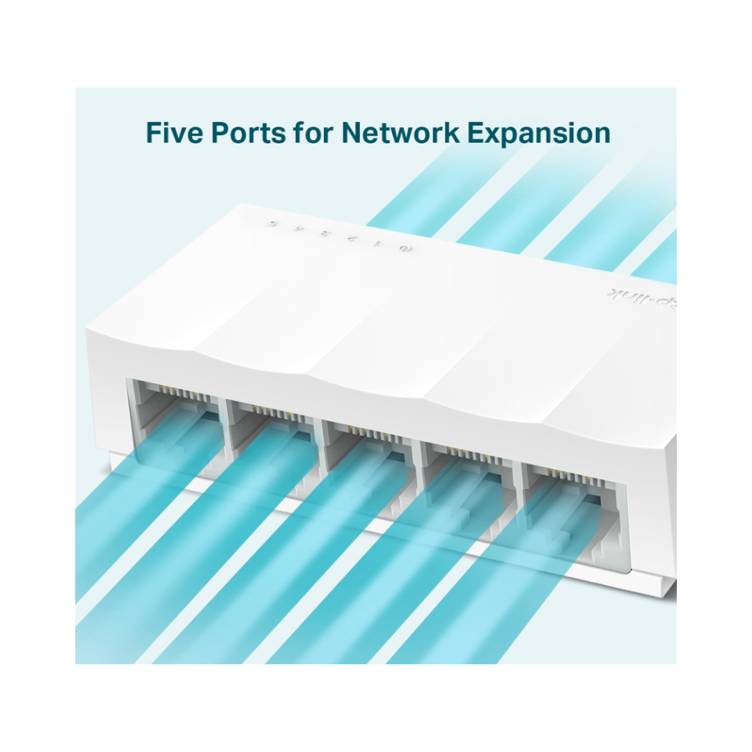 Network expansion device with five ports on a light blue background