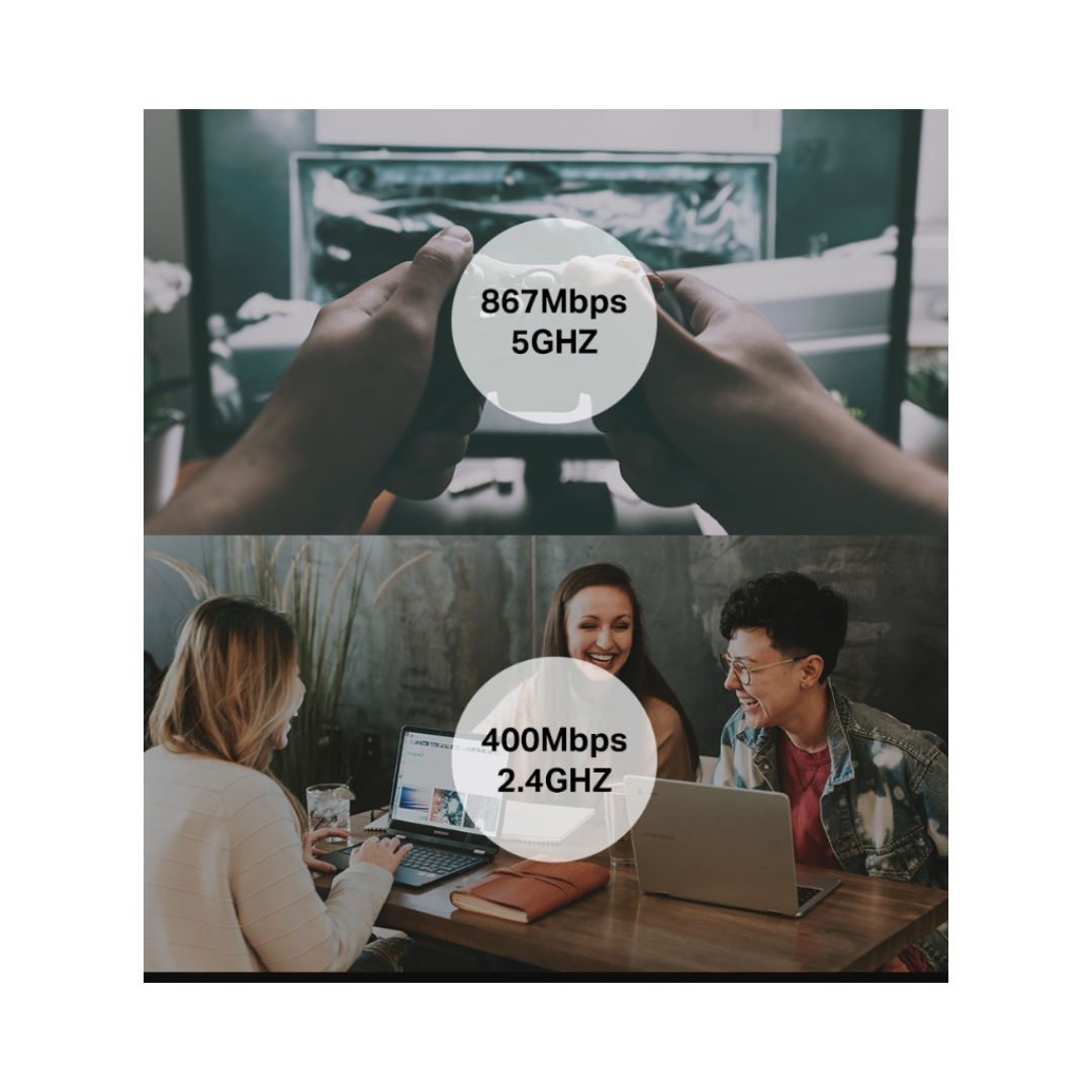 Two scenes showing internet speed comparison with text overlay on a white background