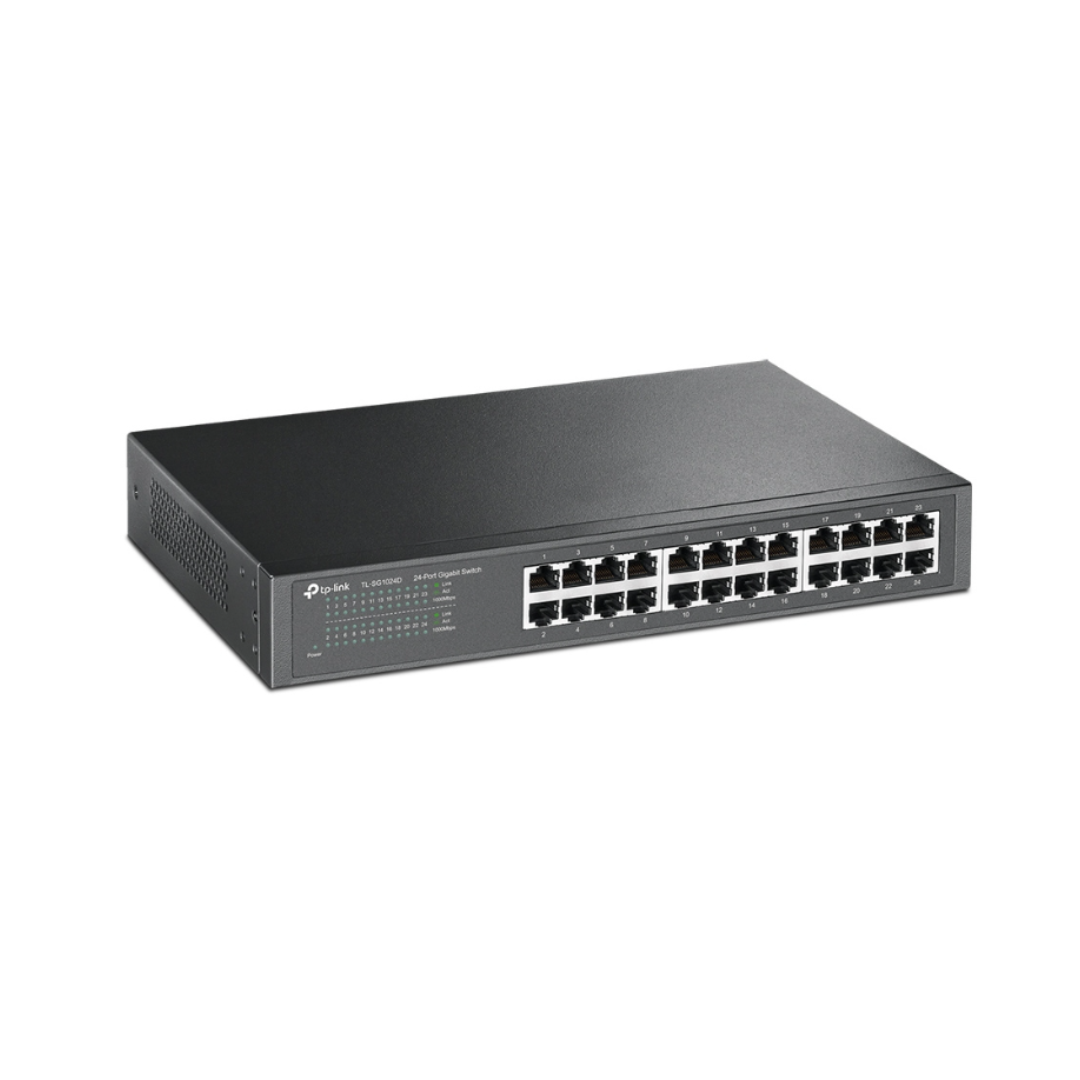 Black network switch with multiple ports on a white background