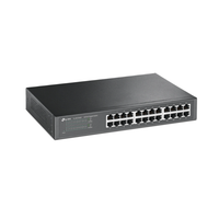 Black network switch with multiple ports on a white background