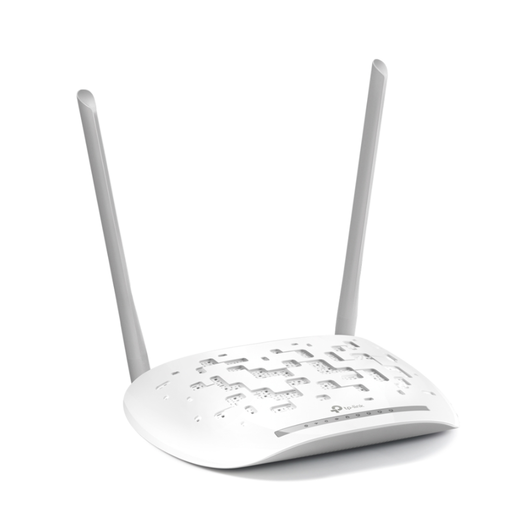 White wireless router with two antennas on a white background