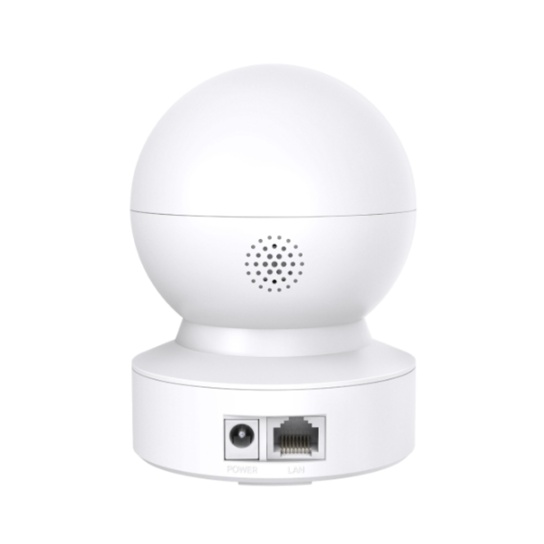 White spherical device with a base and connectivity ports on a white background