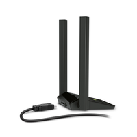 Black wireless router with antennas on a white background