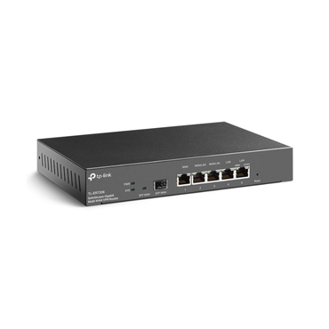 Black network switch with multiple ports on a white background
