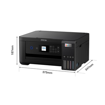 Black Epson printer with dimensions labeled on a white background