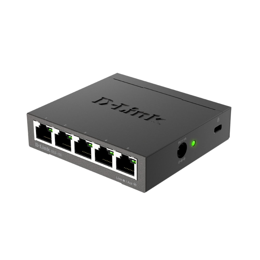 D-Link network switch with five Ethernet ports on a white background