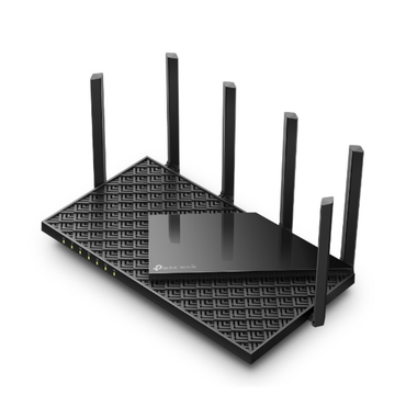 Black router with multiple antennas on a white background