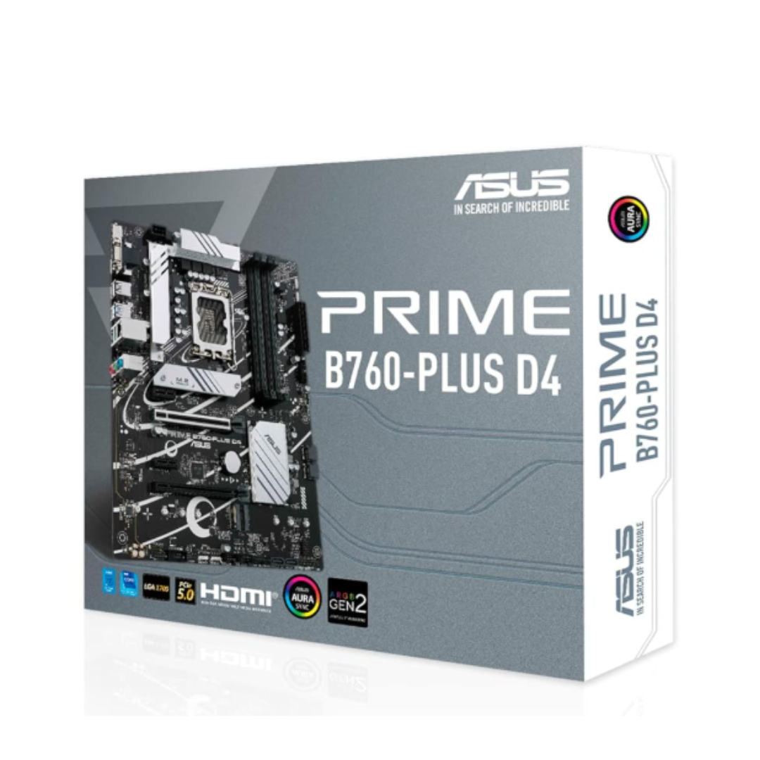 Asus Prime B760-Plus D4 motherboard packaging on a white background